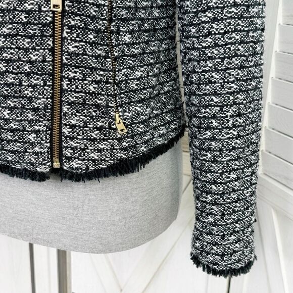 J. Crew Tweed Fringe Hem Zip Front Moto Blazer Jacket Black Size 6 - Picture 10 of 16